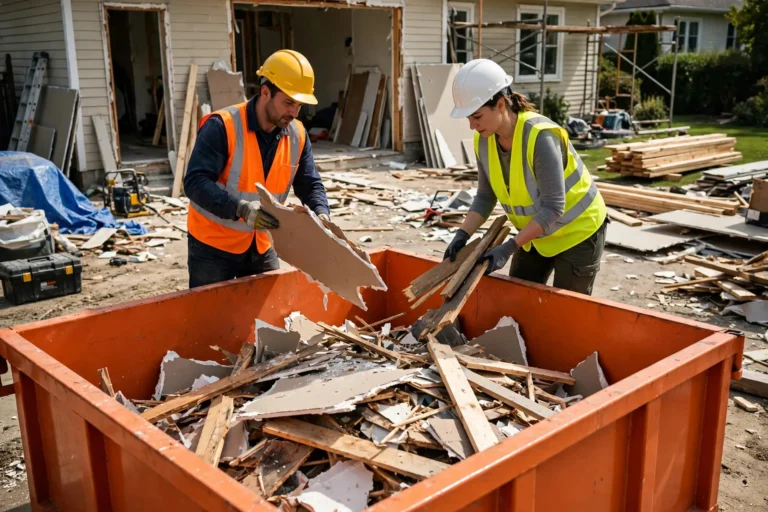 Workers loading construction debris into a roll-off dumpster